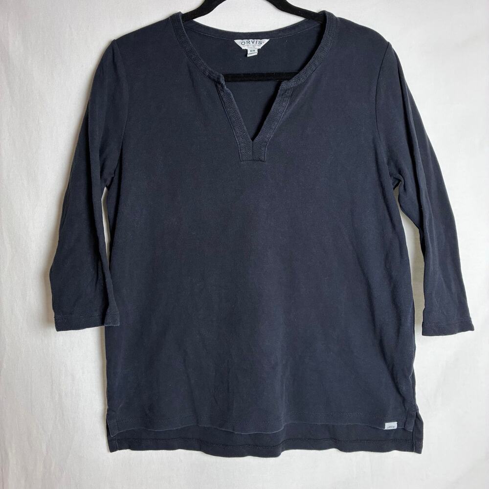 Orvis Women Medium 100% Pima Cotton Split Neck Top 3/4 Sleeve Shirt Black